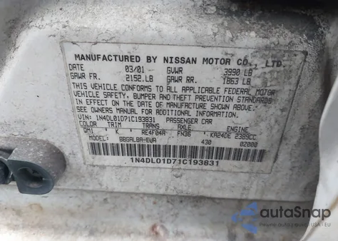 2001 Nissan Altima Gxe from USA, damaged, VIN 1N4DL01D71C193831